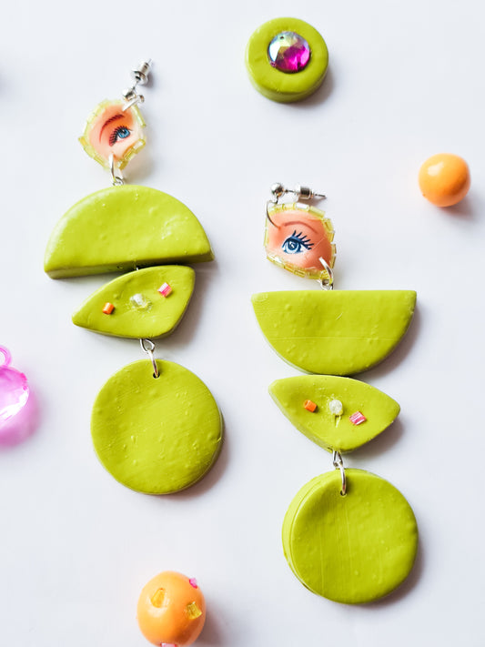 Lime Green Eyed Barbie - Geometric Shape Earrings