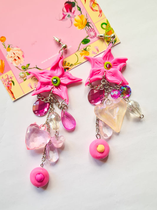 Pink Flower Heart Charms asymmetrical earrings