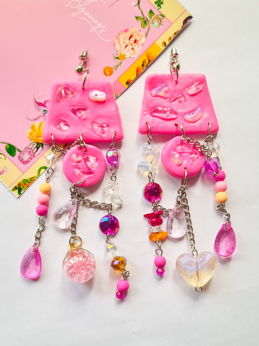 Pink Stone Charms Asymmetrical earrings